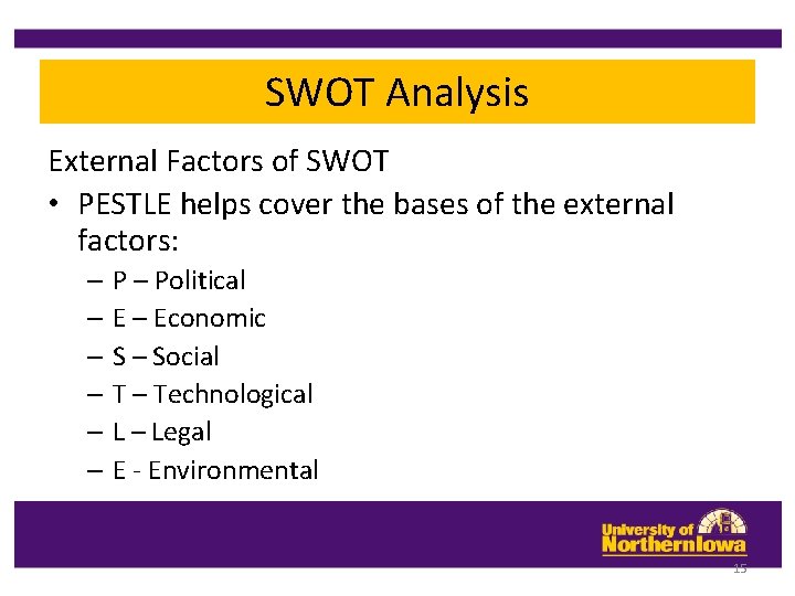 SWOT Analysis External Factors of SWOT • PESTLE helps cover the bases of the SWOT Analysis External Factors of SWOT • PESTLE helps cover the bases of the