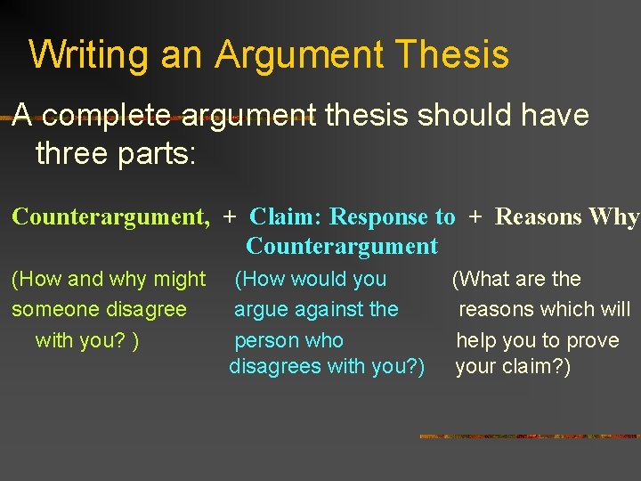 Writing an Argument Thesis A complete argument thesis should have three parts: Counterargument, +