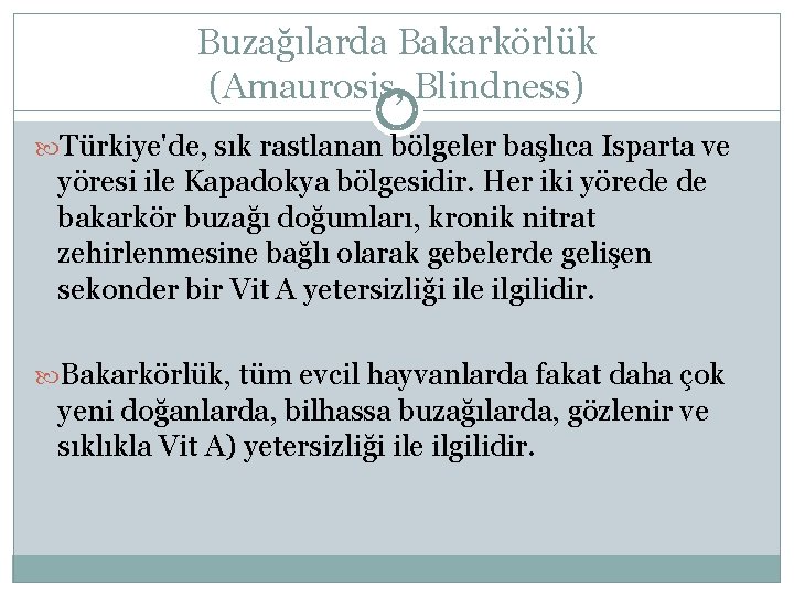 Buzağılarda Bakarkörlük (Amaurosis, Blindness) Türkiye'de, sık rastlanan bölgeler başlıca Isparta ve yöresi ile Kapadokya