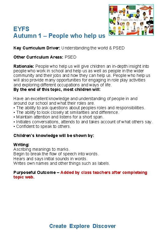 EYFS Autumn 1 – People who help us Key Curriculum Driver: Understanding the world