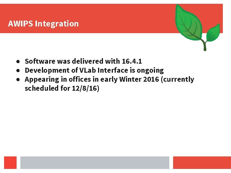 AWIPS Integration ● Software was delivered with 16. 4. 1 ● Development of VLab
