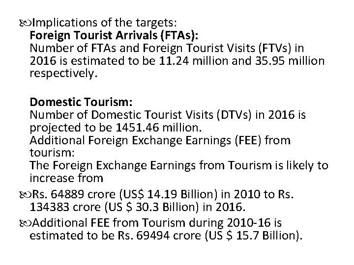  Implications of the targets: Foreign Tourist Arrivals (FTAs): Number of FTAs and Foreign