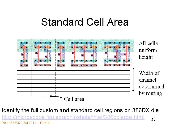 Standard Cell Area All cells uniform height inv nand 3 Cell area Width of