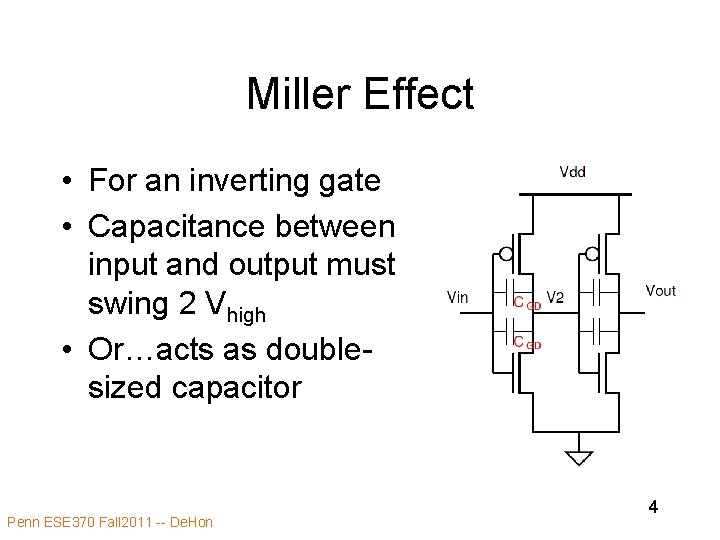 Miller Effect • For an inverting gate • Capacitance between input and output must