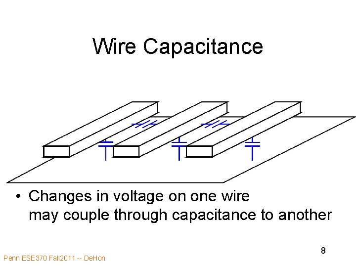 Wire Capacitance • Changes in voltage on one wire may couple through capacitance to