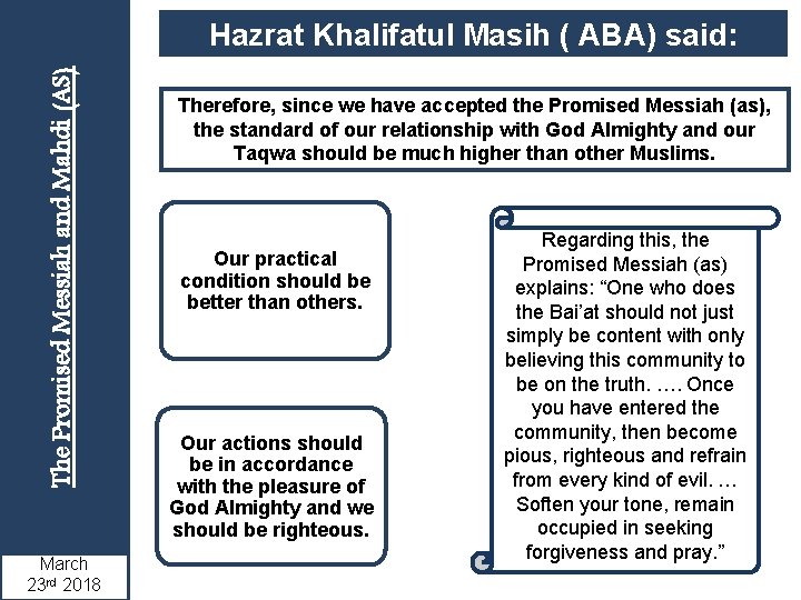 The Promised Messiah and Mahdi (AS) Hazrat Khalifatul Masih ( ABA) said: March 23