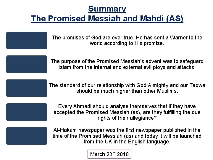 Summary The Promised Messiah and Mahdi (AS) The promises of God are ever true.