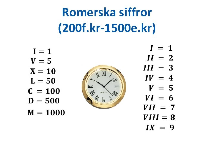 Romerska siffror (200 f. kr-1500 e. kr) • • Romerska siffror (200 f. kr-1500 e. kr) • •