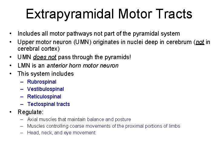 Extrapyramidal Motor Tracts • Includes all motor pathways not part of the pyramidal system