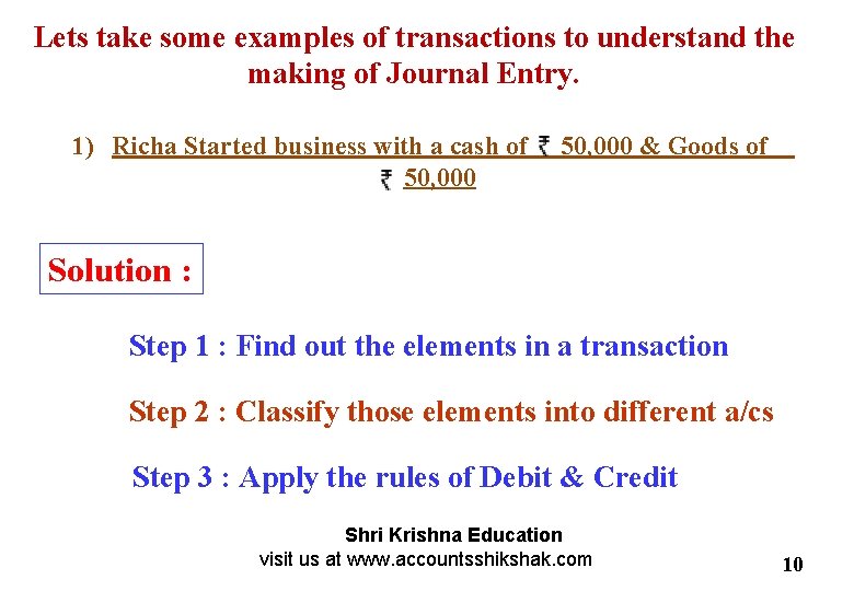 Lets take some examples of transactions to understand the making of Journal Entry. 1)