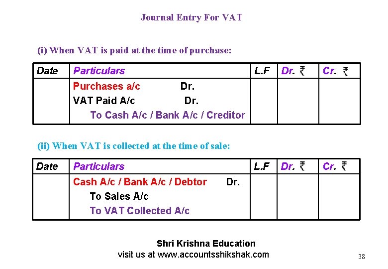 Journal Entry For VAT (i) When VAT is paid at the time of purchase: