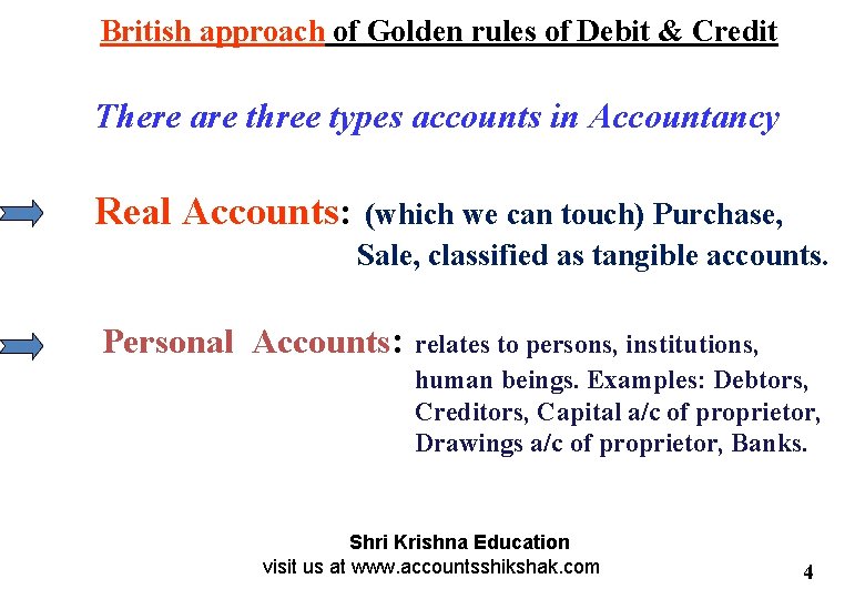 British approach of Golden rules of Debit & Credit There are three types accounts