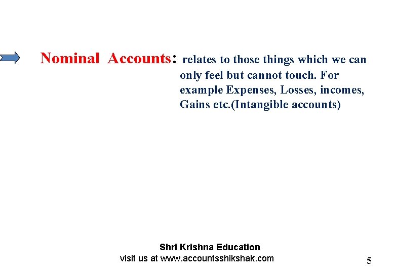 Nominal Accounts: relates to those things which we can only feel but cannot touch.