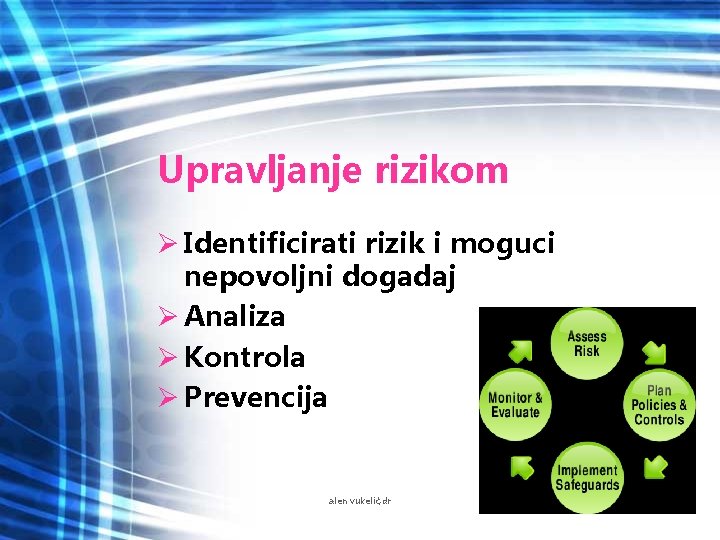 Upravljanje rizikom Ø Identificirati rizik i moguci nepovoljni dogadaj Ø Analiza Ø Kontrola Ø