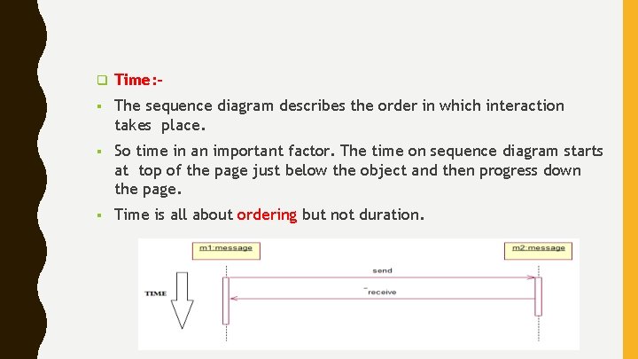  Time: - The sequence diagram describes the order in which interaction takes place.