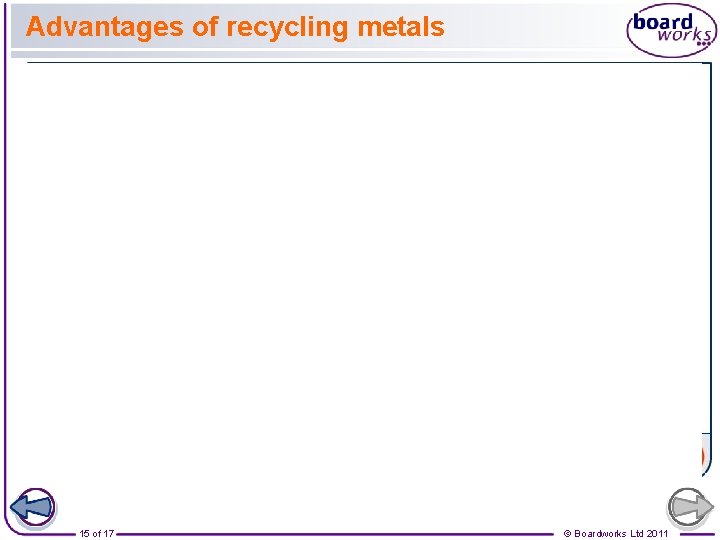 Advantages of recycling metals 15 of 17 © Boardworks Ltd 2011 