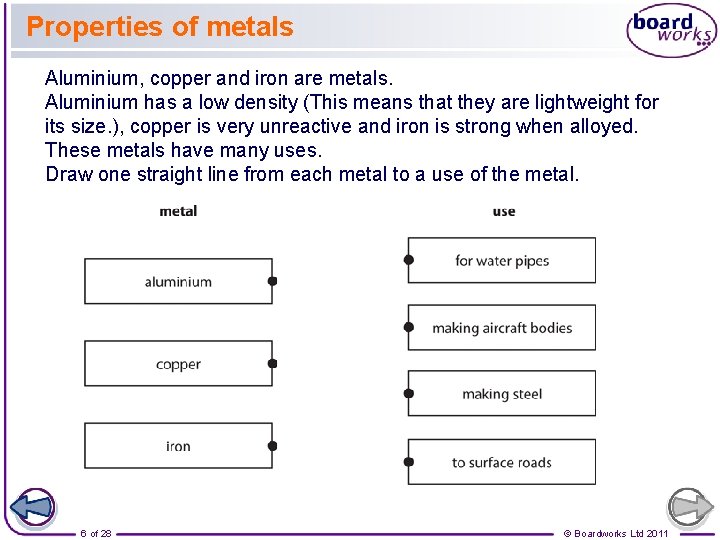 Properties of metals Aluminium, copper and iron are metals. Aluminium has a low density
