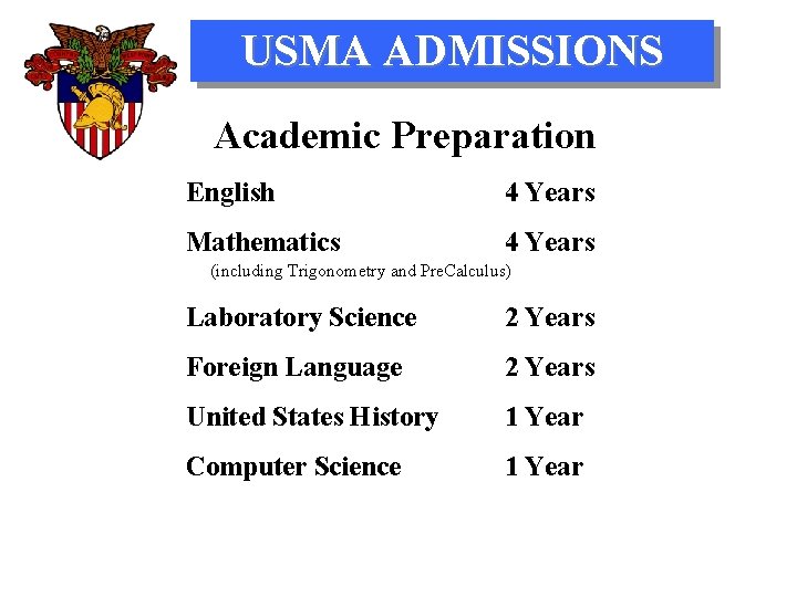 USMA ADMISSIONS Academic Preparation English 4 Years Mathematics 4 Years (including Trigonometry and Pre.