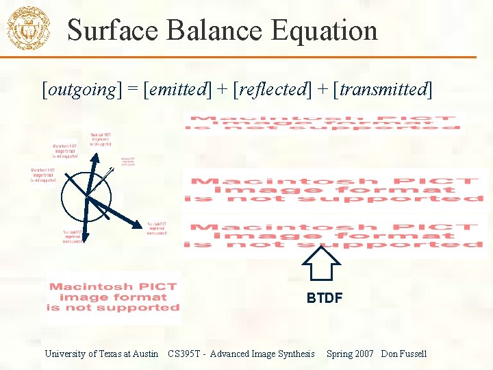 Surface Balance Equation [outgoing] = [emitted] + [reflected] + [transmitted] BTDF University of Texas