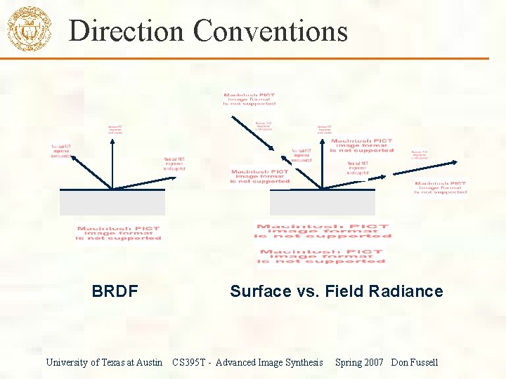 Direction Conventions BRDF University of Texas at Austin Surface vs. Field Radiance CS 395