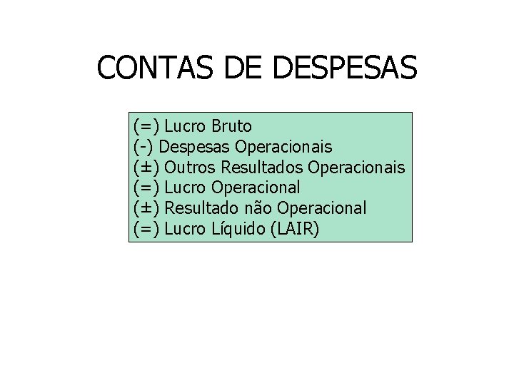 CONTAS DE DESPESAS (=) Lucro Bruto (-) Despesas Operacionais (±) Outros Resultados Operacionais (=)