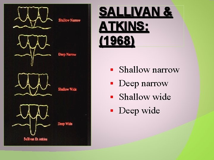 SALLIVAN & ATKINS: (1968) Shallow narrow § Deep narrow § Shallow wide § Deep