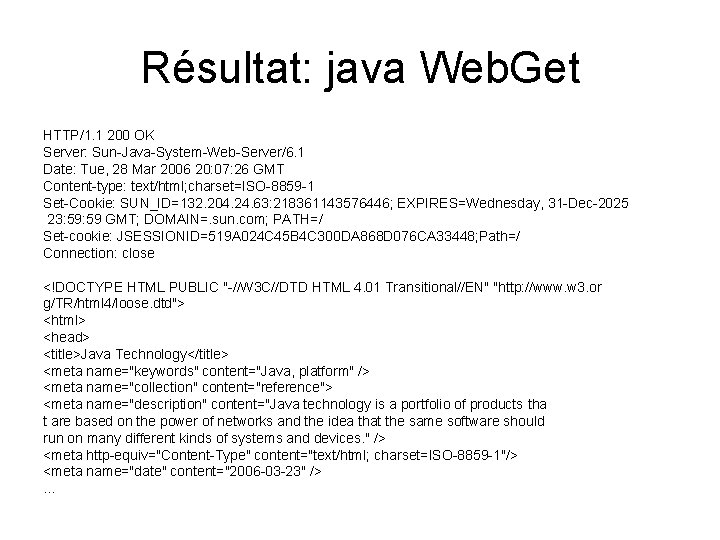 Résultat: java Web. Get HTTP/1. 1 200 OK Server: Sun-Java-System-Web-Server/6. 1 Date: Tue, 28