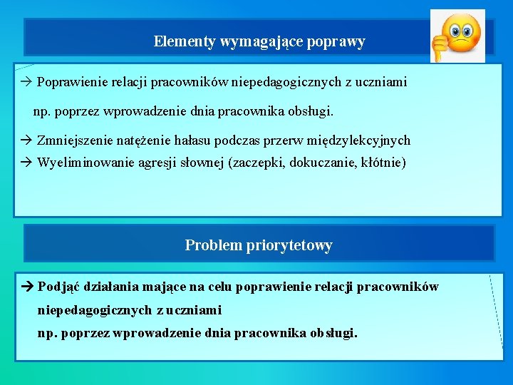 Elementy wymagające poprawy Poprawienie relacji pracowników niepedagogicznych z uczniami np. poprzez wprowadzenie dnia pracownika