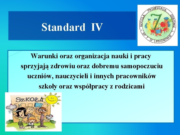 Standard IV Warunki oraz organizacja nauki i pracy sprzyjają zdrowiu oraz dobremu samopoczuciu uczniów,