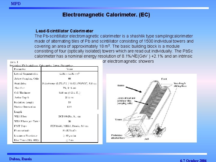 MPD Electromagnetic Calorimeter. (EC) Lead-Scintillator Calorimeter The Pb-scintillator electromagnetic calorimeter is a shashlik type