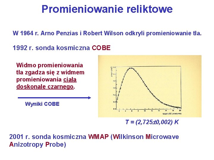 Promieniowanie reliktowe W 1964 r. Arno Penzias i Robert Wilson odkryli promieniowanie tła. 1992