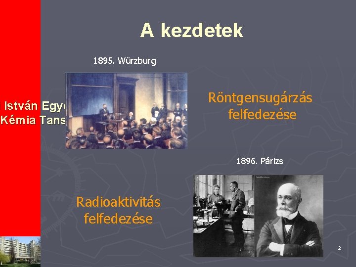 A kezdetek 1895. Würzburg i István Egyetem Kémia Tanszék Röntgensugárzás felfedezése 1896. Párizs Radioaktivitás