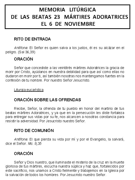 MEMORIA LITÚRGICA DE LAS BEATAS 23 MÁRTIRES ADORATRICES EL 6 DE NOVIEMBRE RITO DE