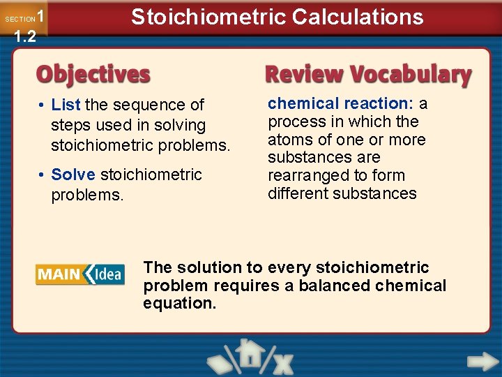 1 1. 2 SECTION Stoichiometric Calculations • List the sequence of steps used in