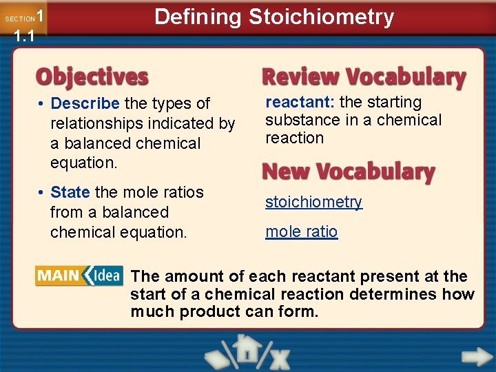 1 1. 1 SECTION Defining Stoichiometry • Describe the types of relationships indicated by
