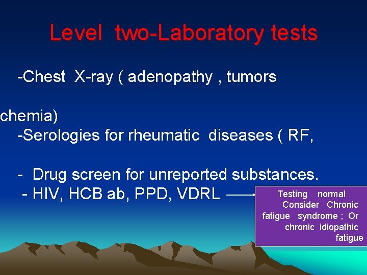 Level two-Laboratory tests -Chest X-ray ( adenopathy , tumors schemia) -Serologies for rheumatic diseases