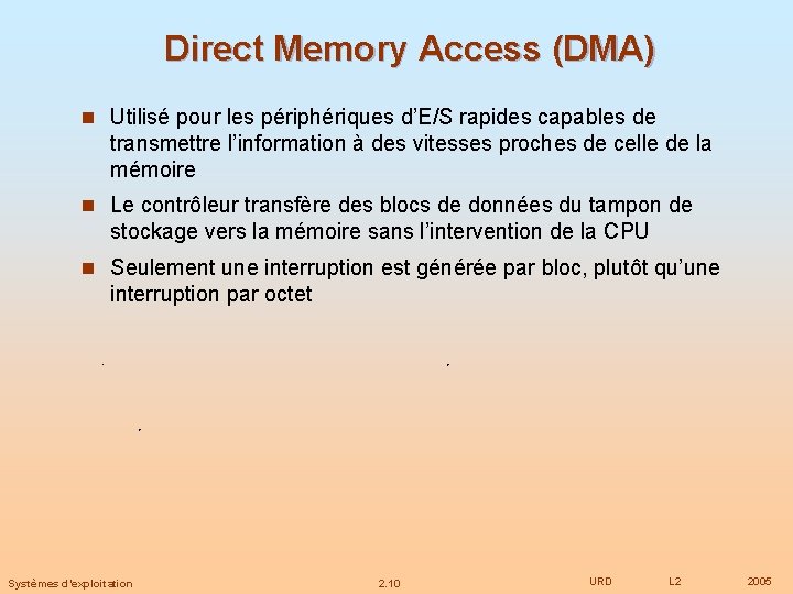 Direct Memory Access (DMA) n Utilisé pour les périphériques d’E/S rapides capables de transmettre