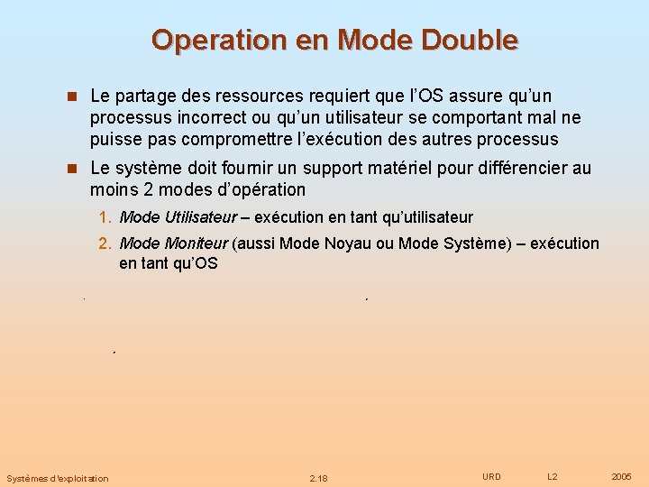 Operation en Mode Double n Le partage des ressources requiert que l’OS assure qu’un