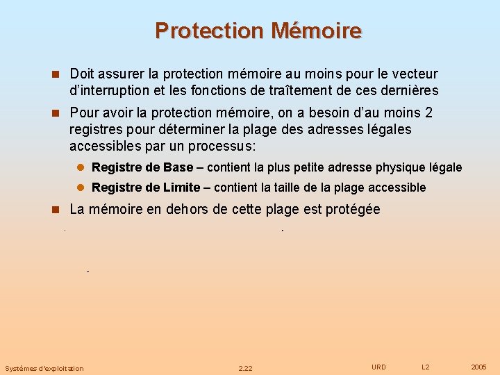Protection Mémoire n Doit assurer la protection mémoire au moins pour le vecteur d’interruption