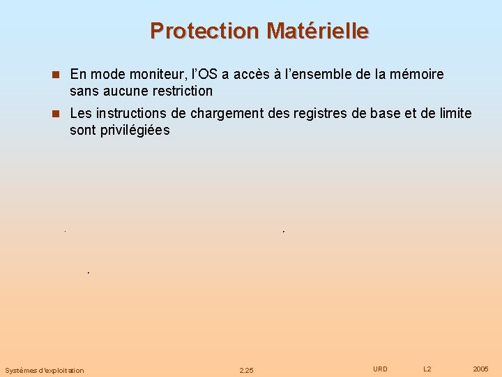 Protection Matérielle n En mode moniteur, l’OS a accès à l’ensemble de la mémoire