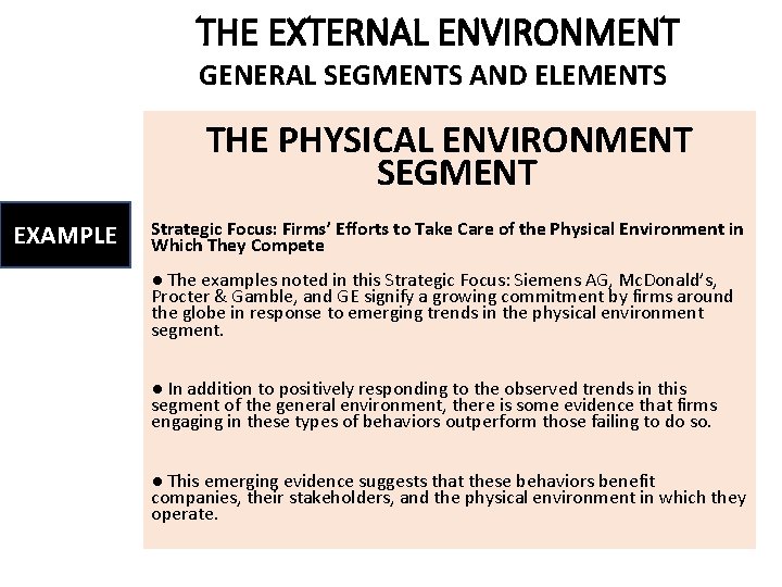 THE EXTERNAL ENVIRONMENT GENERAL SEGMENTS AND ELEMENTS THE PHYSICAL ENVIRONMENT SEGMENT EXAMPLE Strategic Focus: