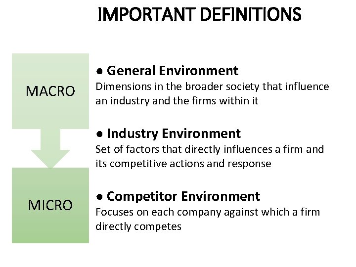 IMPORTANT DEFINITIONS ● General Environment MACRO Dimensions in the broader society that influence an