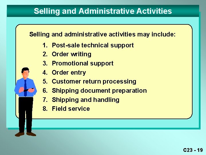 Selling and Administrative Activities Selling and administrative activities may include: 1. 2. 3. 4. Selling and Administrative Activities Selling and administrative activities may include: 1. 2. 3. 4.