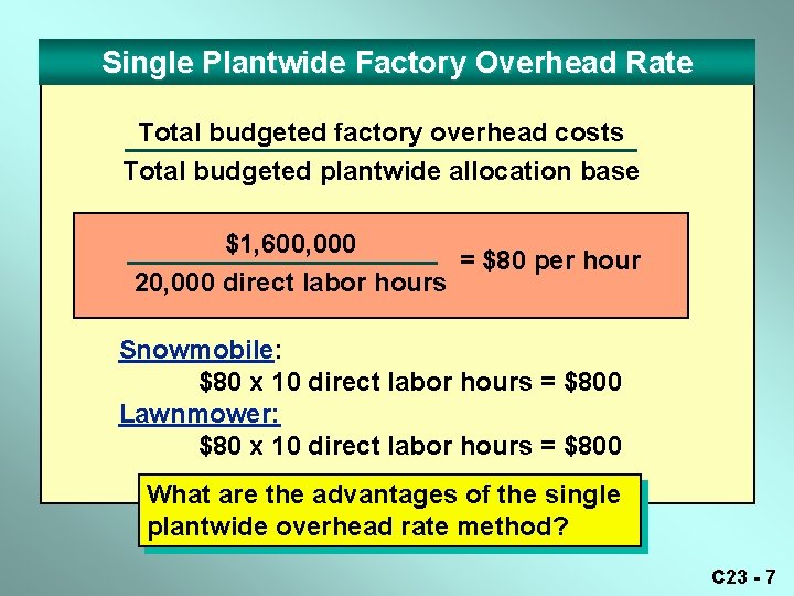 Single Plantwide Factory Overhead Rate Total budgeted factory overhead costs Total budgeted plantwide allocation Single Plantwide Factory Overhead Rate Total budgeted factory overhead costs Total budgeted plantwide allocation