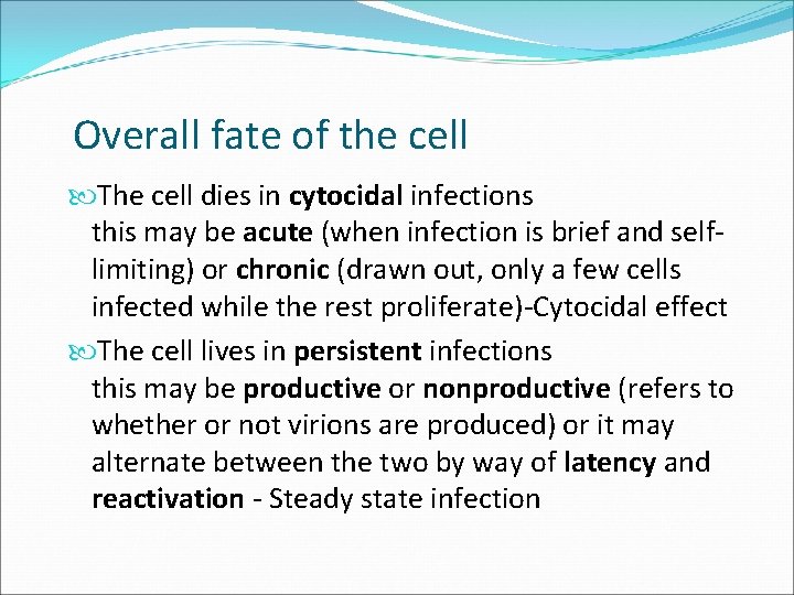 Overall fate of the cell The cell dies in cytocidal infections this may be