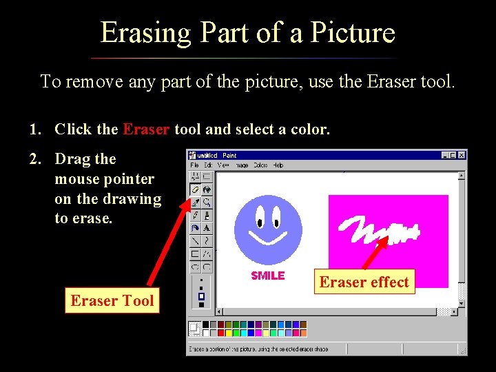 Erasing Part of a Picture To remove any part of the picture, use the