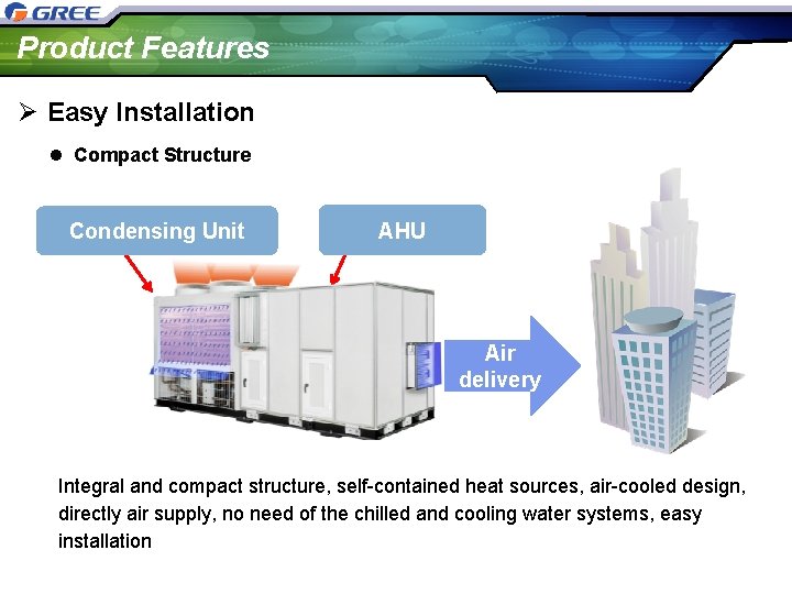 Product Features Ø Easy Installation l Compact Structure Condensing Unit AHU Air delivery Integral