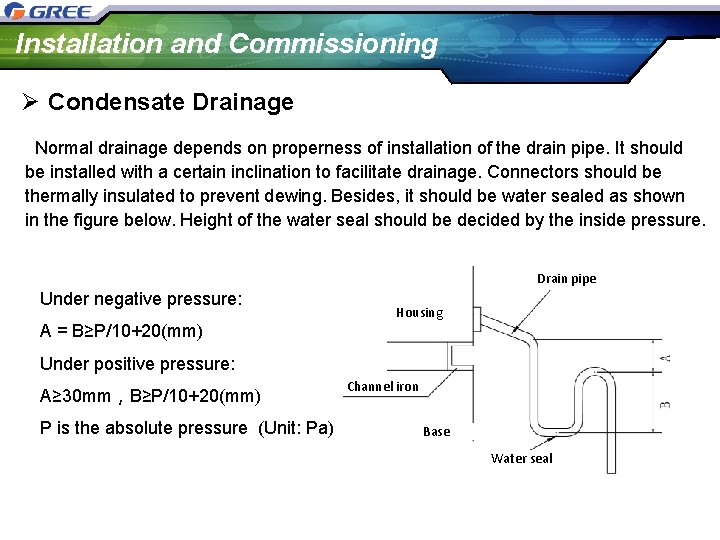 Installation and Commissioning Ø Condensate Drainage Normal drainage depends on properness of installation of