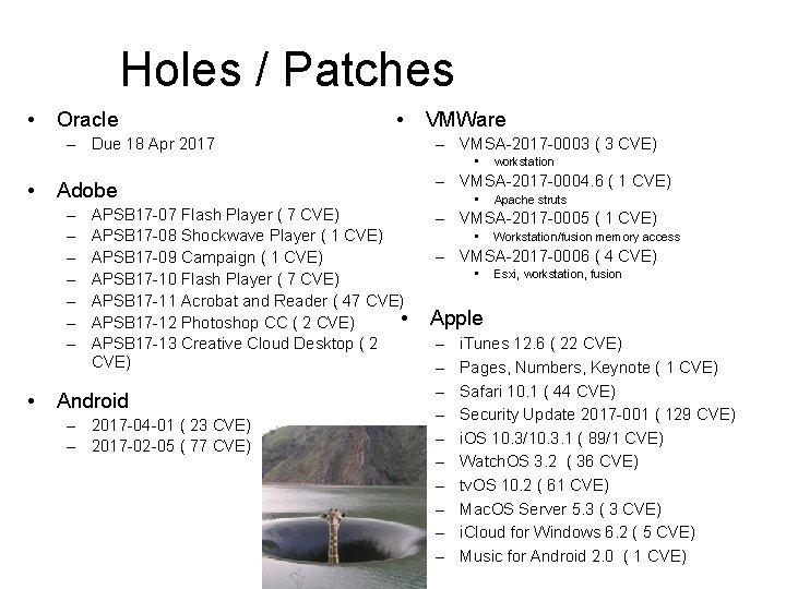 Holes / Patches • Oracle • – Due 18 Apr 2017 VMWare – VMSA-2017