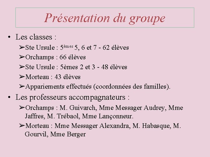 Présentation du groupe • Les classes : ➢Ste Ursule : 5èmes 5, 6 et Présentation du groupe • Les classes : ➢Ste Ursule : 5èmes 5, 6 et